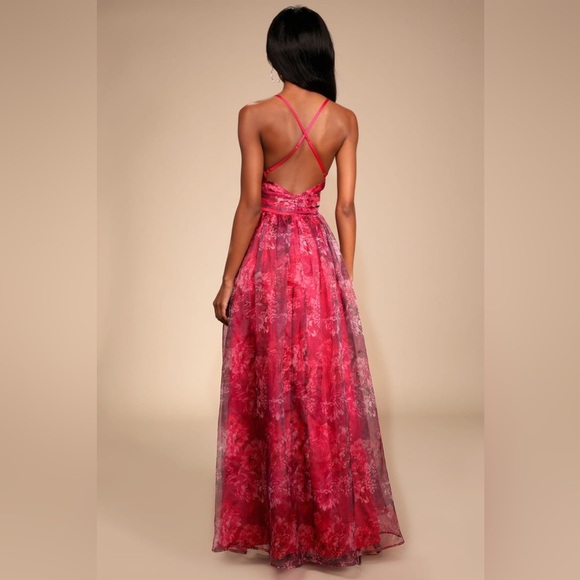 New Lulus Romance That Wows Magenta Floral Print Organza Maxi Dress - Picture 3 of 13